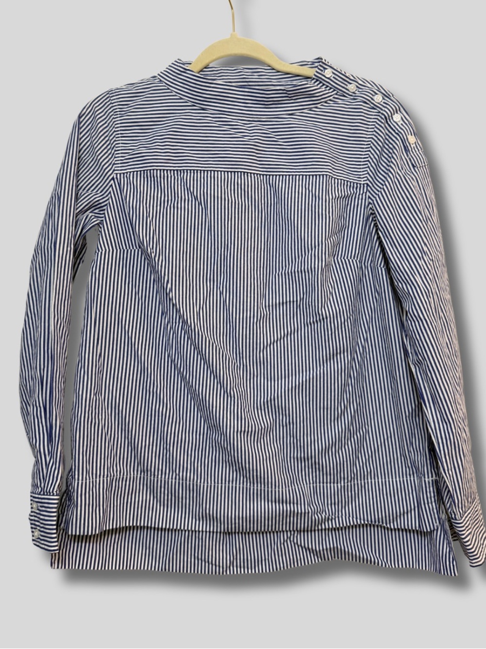 crown & ivy Women’s Navy and White Striped Button-Shoulder Dress Shirt